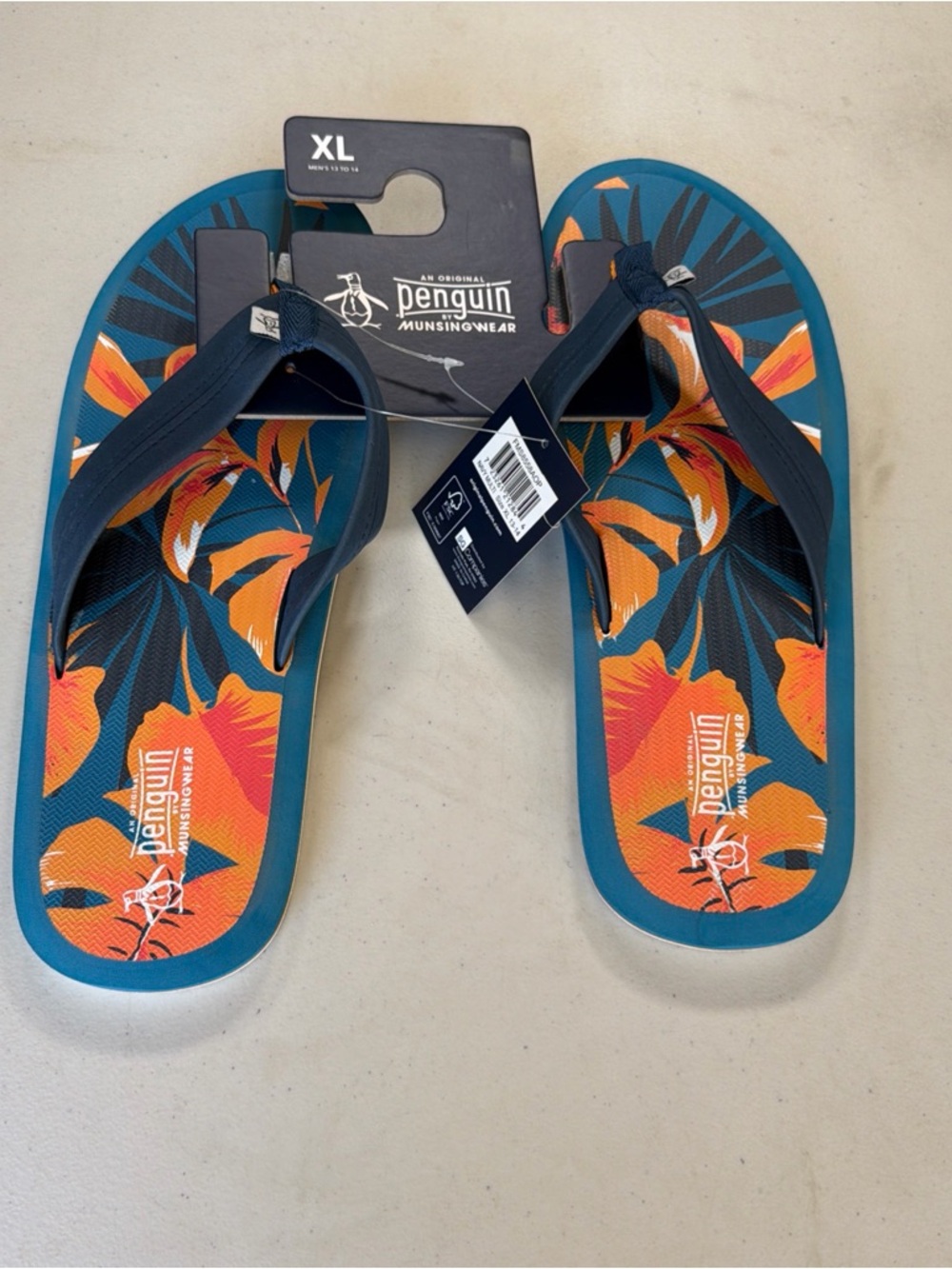 Original Penguin Navy Strap Flip Flops with Teal & Orange Footbed
